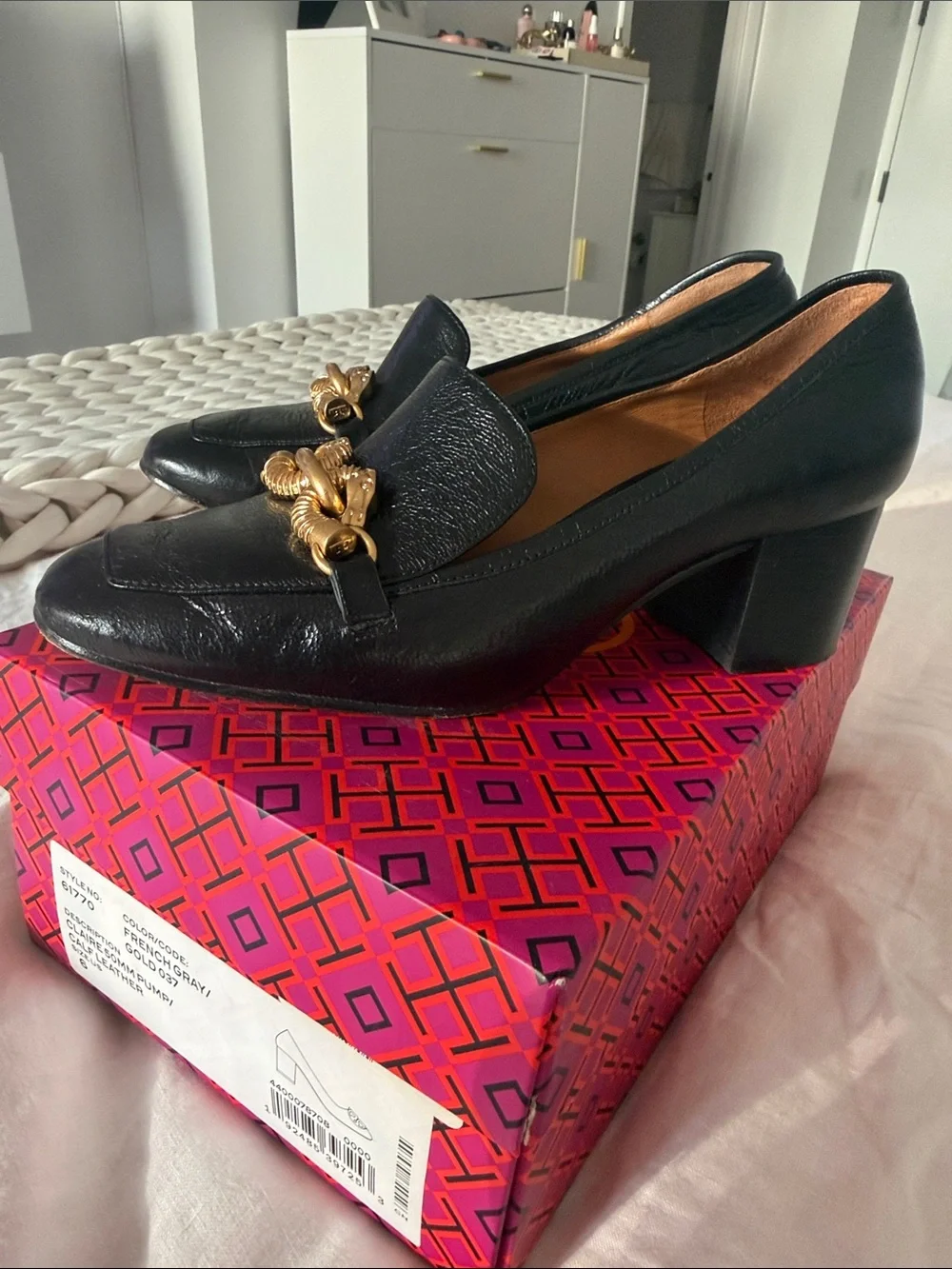 Tory Burch Claire 50mm Leather Pump. Calf leather with gold detail